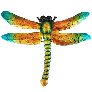 Close-up of vibrant gradient metal dragonfly wall art with intricate iron textures