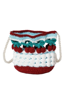 Handmade crochet cherry bucket bag with colorful knit patterns and pearl strap