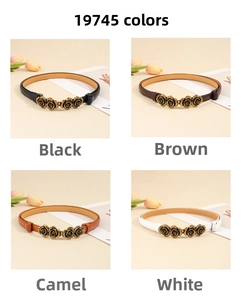 Detail view of retro bronze rose buckle belts in black, brown, camel and white colors
