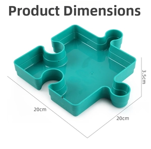 Teal puzzle-shaped storage tray with dimensions 20cm x 3.5cm for puzzle sorting