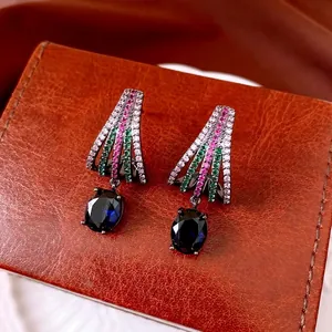 Vintage fan-shaped earrings with colorful zircon stones and deep blue oval pendant