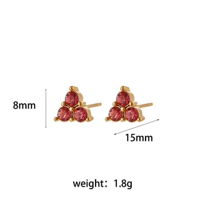 Detailed close-up of gold stud earrings featuring trio of pink crystals with 15mm dimensions