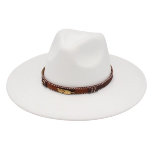 Detail of white fedora with brown beaded band and golden feather charm accessory