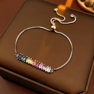 Rainbow Zircon Bracelet For Women Adjustable Copper Rectangular Colorful Jewelry Elegant Fashion Jewelry Gift For Her