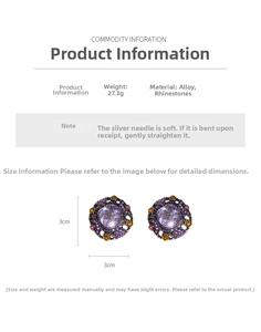 Detail view of vintage square purple rhinestone earrings with 3cm x 3cm size markings