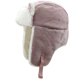 Pink corduroy trapper hat with white faux fur lining and cute ear details for winter