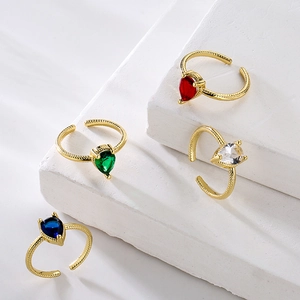 Open Adjustable Ring Copper Real Gold Plated Heart Pear Shaped Zircon Minimalist Twisted Rope Band Jewelry For Women