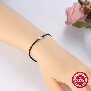 S925 sterling silver black rope couple bracelet with single round zircon stone