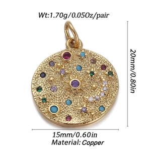 Detailed view of gold plated copper pendant with gems, moon stars and size specs