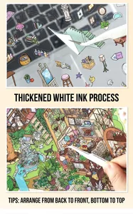 Detail of PET stickers showing 2.5D thick white ink process for DIY scrapbooking