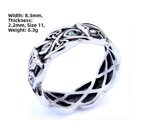 Detail view of Celtic knot steel ring with blue stones showing width and thickness