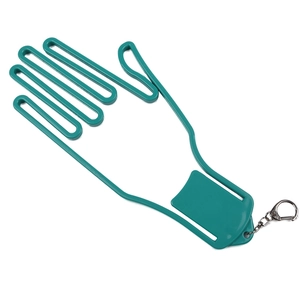 Green palm-shaped golf glove stretcher with a metal keychain clip on white background