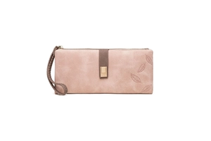 Detail of dusty pink leaf pattern clutch with matte texture and buckle closure