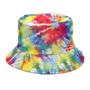 Detailed view of colorful tie-dye bucket hat with reinforced stitching on the brim