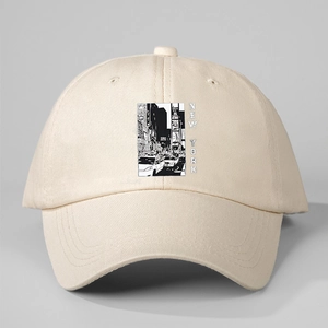 Cream New York Brooklyn baseball cap with urban architectural graphic print and curved brim