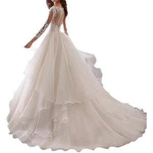 Elegant white lace long sleeve wedding dress with deep V-back and layered tulle train