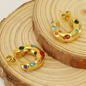Irregular gold-plated stainless steel earrings with colorful embedded rhinestones