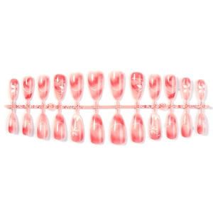 Pink and white gradient almond press-on nails with white line patterns and maple leaf art