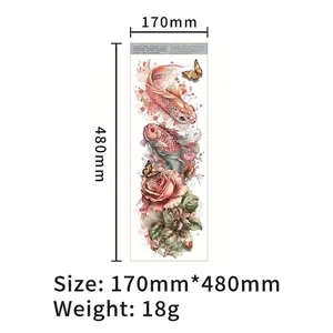 Waterproof full arm temporary tattoo with koi fish, rose and butterfly motifs 17x48cm
