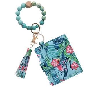 Beaded bracelet keychain set with flamingo print wallet and leather tassel