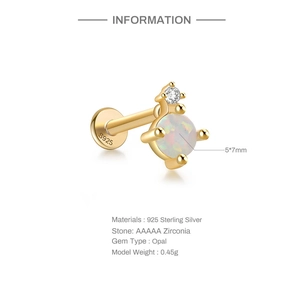 Macro detail of 925 sterling silver opal ear stud with 5x7mm stone and s925 hallmark