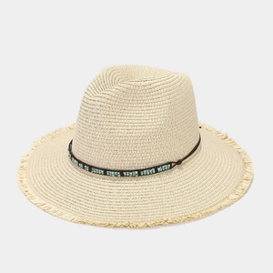 Chapeau Fedora En Paille Bohème Bord Large Franges Bande De Perles Turquoise Ethnique Été Plage Soleil Pour Femmes