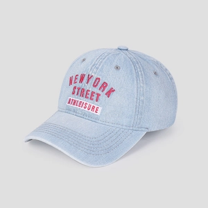 Detail of light blue denim baseball cap with New York Street embroidery and red letter patch