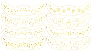 Detail view of 8 metallic gold faux freckle tattoo designs featuring stars and hearts