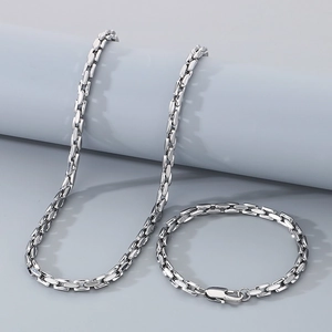 Silbernes Edelstahl-Bambusketten-Set aus Armband und Halskette mit Karabinerverschluss