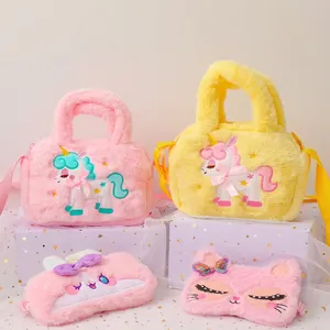 Cute cartoon unicorn plush crossbody handbags for kids featuring embroidery and silk bows