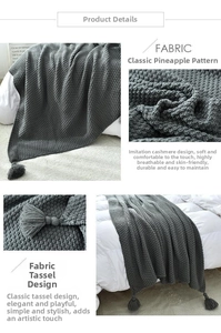 Detail showing dark grey knitted blanket with pineapple grid texture and fringe tassels