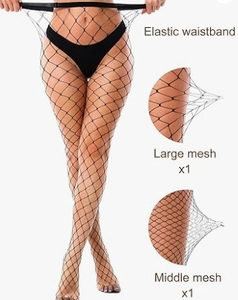Detail of black fishnet tights featuring large and middle mesh options with elastic waistband