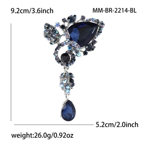 Blue teardrop rhinestone brooch with silver base and size labels, 9.2cm length