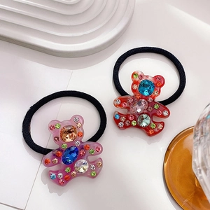 Sparkly bear acetate hair ties with colorful rhinestones in pink and orange shades