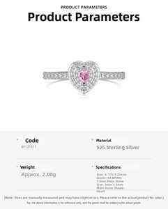 Detailed view of S925 silver ring featuring 3x3mm pink heart zircon and 5A small stones