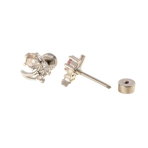 Silver crescent moon and star cartilage stud earring with inlaid clear zircon stones