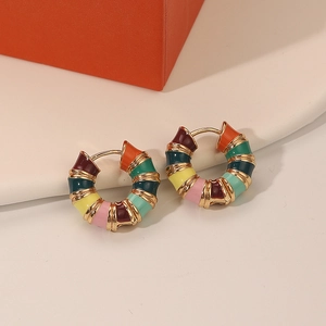 Retro colorful enamel hoop earrings with striped macaron patterns on white surface