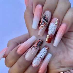 Coffin Press On Nails Pink White Gradient Chinese Style 3D Relief Flower Gold Foil Marble Pattern Fake Nails For Women