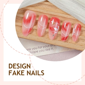 Almond red velvet press-on nails with white floral patterns and rhinestone accents