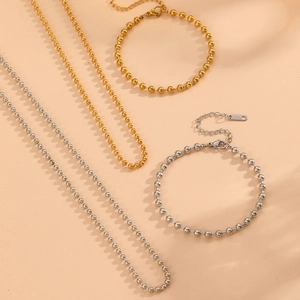 Polished stainless steel ball chain necklace and bracelet jewelry set in gold and silver
