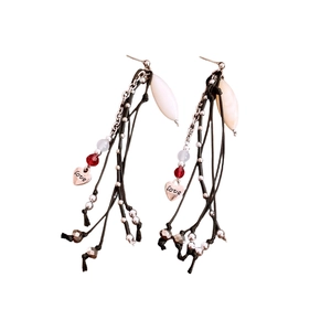 Bohemian silver needle earrings with shell beads and heart pendant Love tassel charms