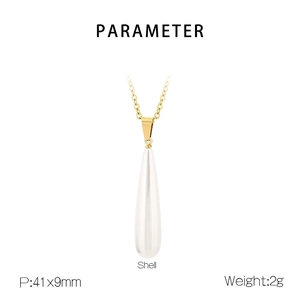Detail view of 41x9mm white shell teardrop pendant on a gold chain necklace