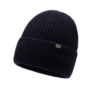 Men's navy blue ribbed knit beanie hat with thermal lining and metal logo plate