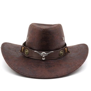 Retro brown western cowboy hat with wide brim and decorative silver longhorn bull skull