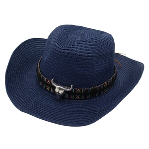 Dark blue straw cowboy hat with ethnic embroidery and silver bull skull ornament
