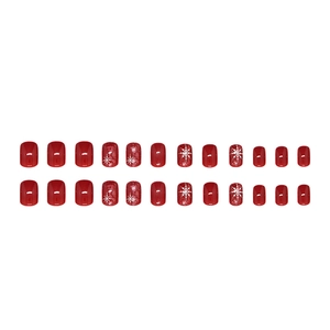 Set de 24 uñas postizas rojas festivas con diseños de copos de nieve y estrellas