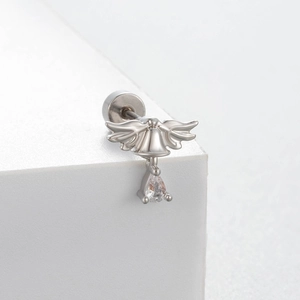 Titanium steel angel earring with bow and teardrop zircon pendant on white block