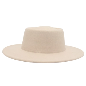 Close-up of beige wide brim wool felt hat with flat top crown and smooth texture