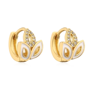 Detail of 18K gold plated hoop earrings with white enamel and sparkling zircon accents