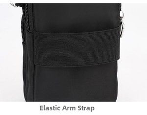 Detail view of the elastic arm band and wear-resistant fabric on the black sports phone bag